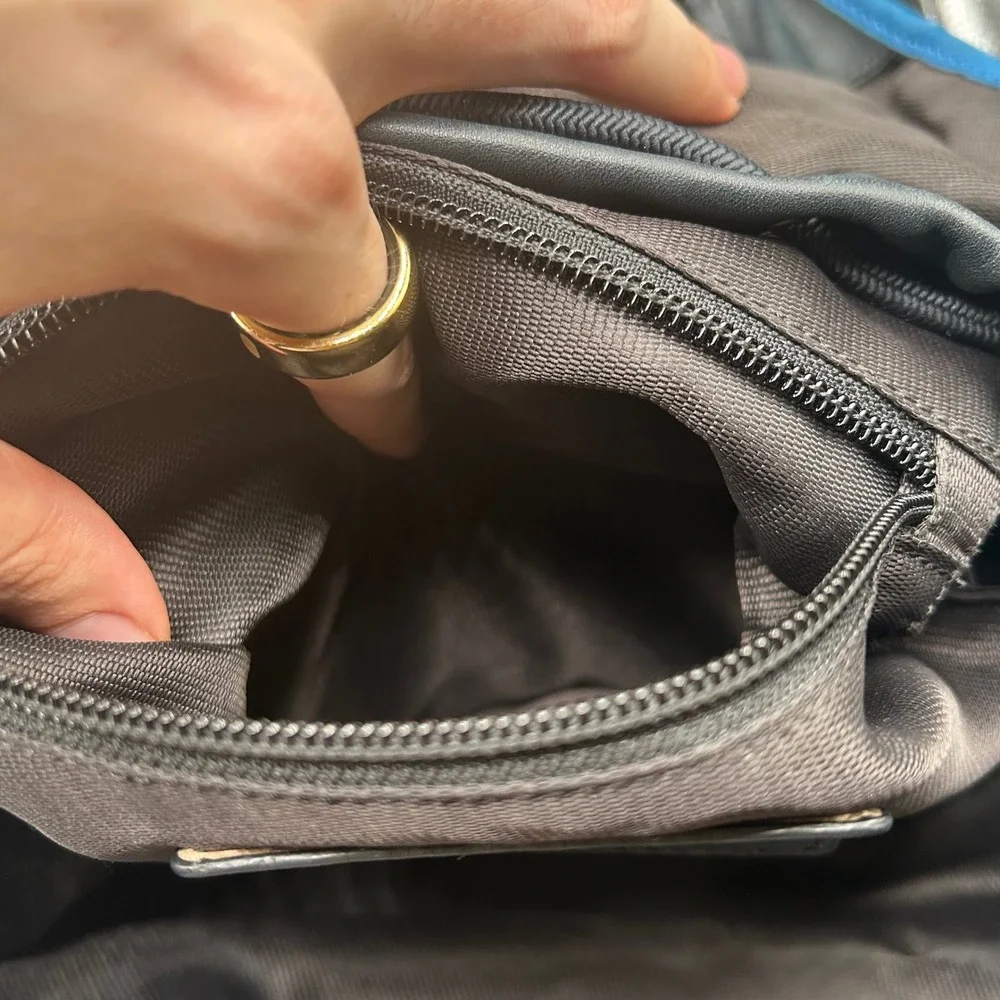 Coach Manhattan Leather Backpack Black Blue Colorblock Buckle Drawstring Bag